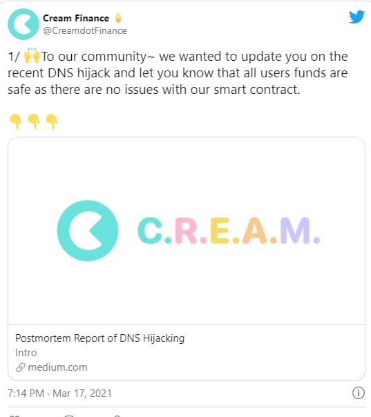 cream-finance-tweet-1 - Tokenhell