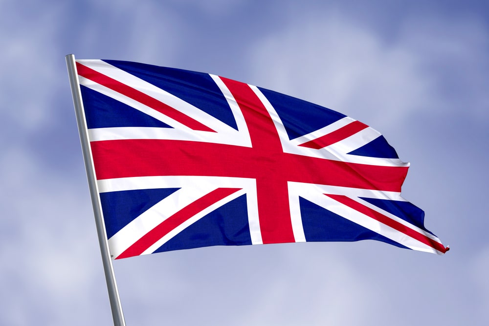United,Kingdom,Flag,Isolated,On,Sky,Background.,Close,Up,Waving - Tokenhell