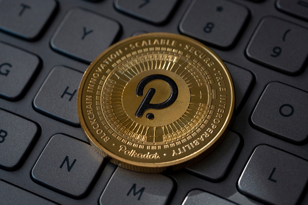 Polkadot,Dot,Cryptocurrency,Physical,Coin,Placed,On,Computer,Keyboard,And - Tokenhell