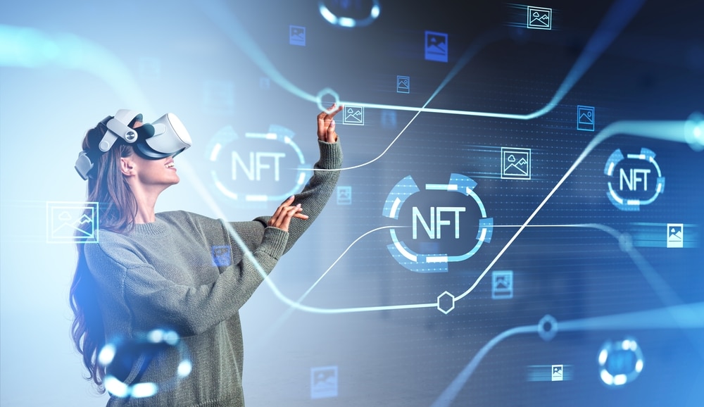 Young,Woman,Touch,Virtual,Hologram,With,Non-fungible,Token,Hud,,Lines - Tokenhell
